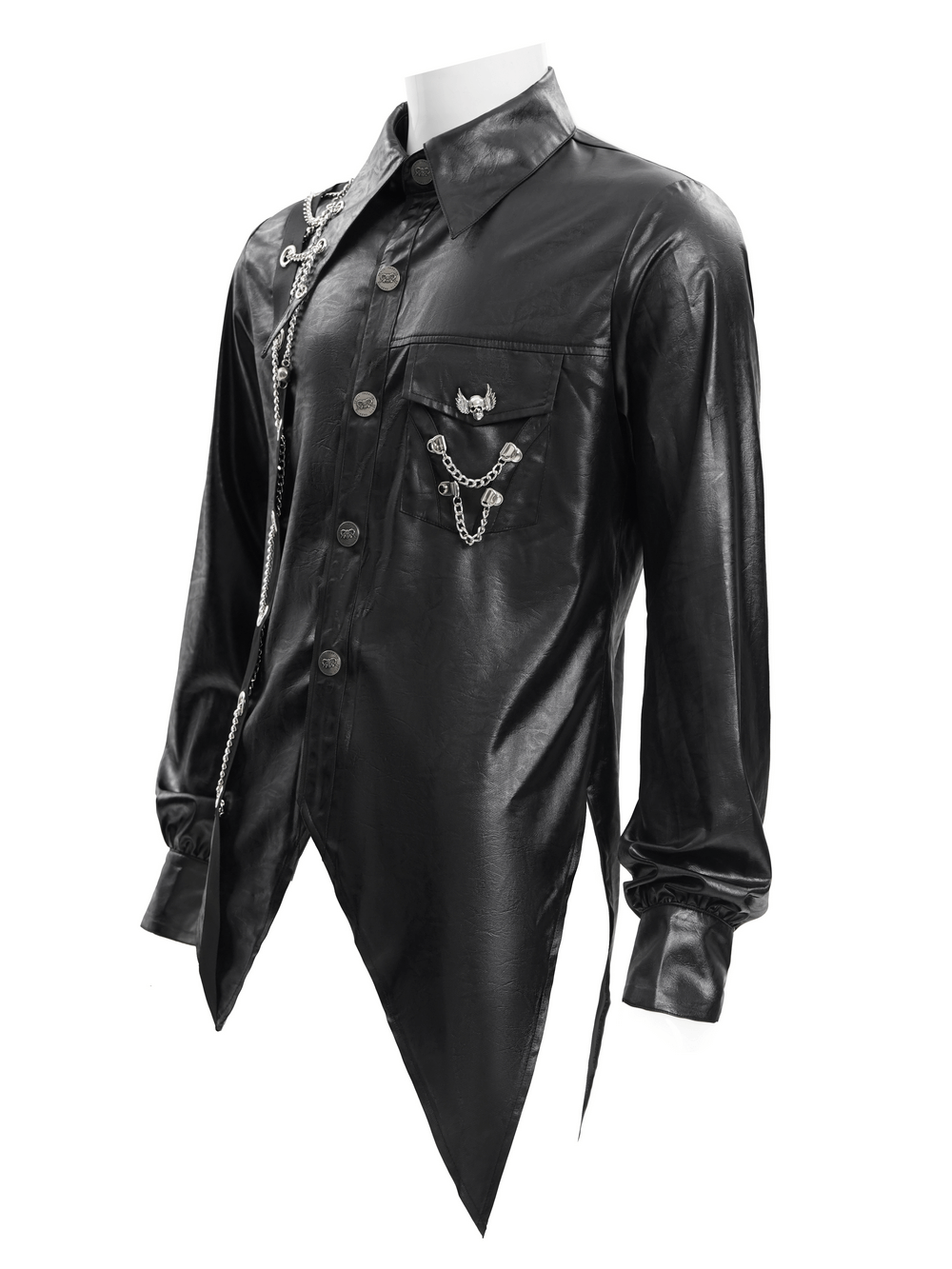 Men's gothic faux leather shirt with chain detail, asymmetric hem, and stylish long sleeves.