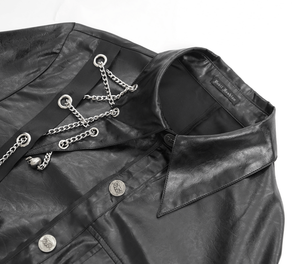 Men's gothic faux leather shirt with chain detail, featuring an asymmetric hem and pointed cuffs. Perfect for alternative fashion.