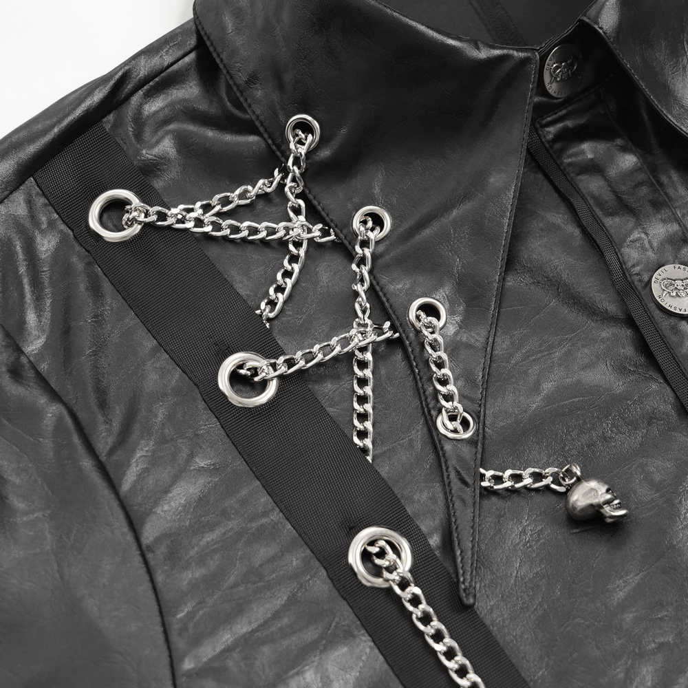 Men's gothic faux leather shirt with chain detail, asymmetric hem, and pointed cuffs, perfect for alternative fashion.