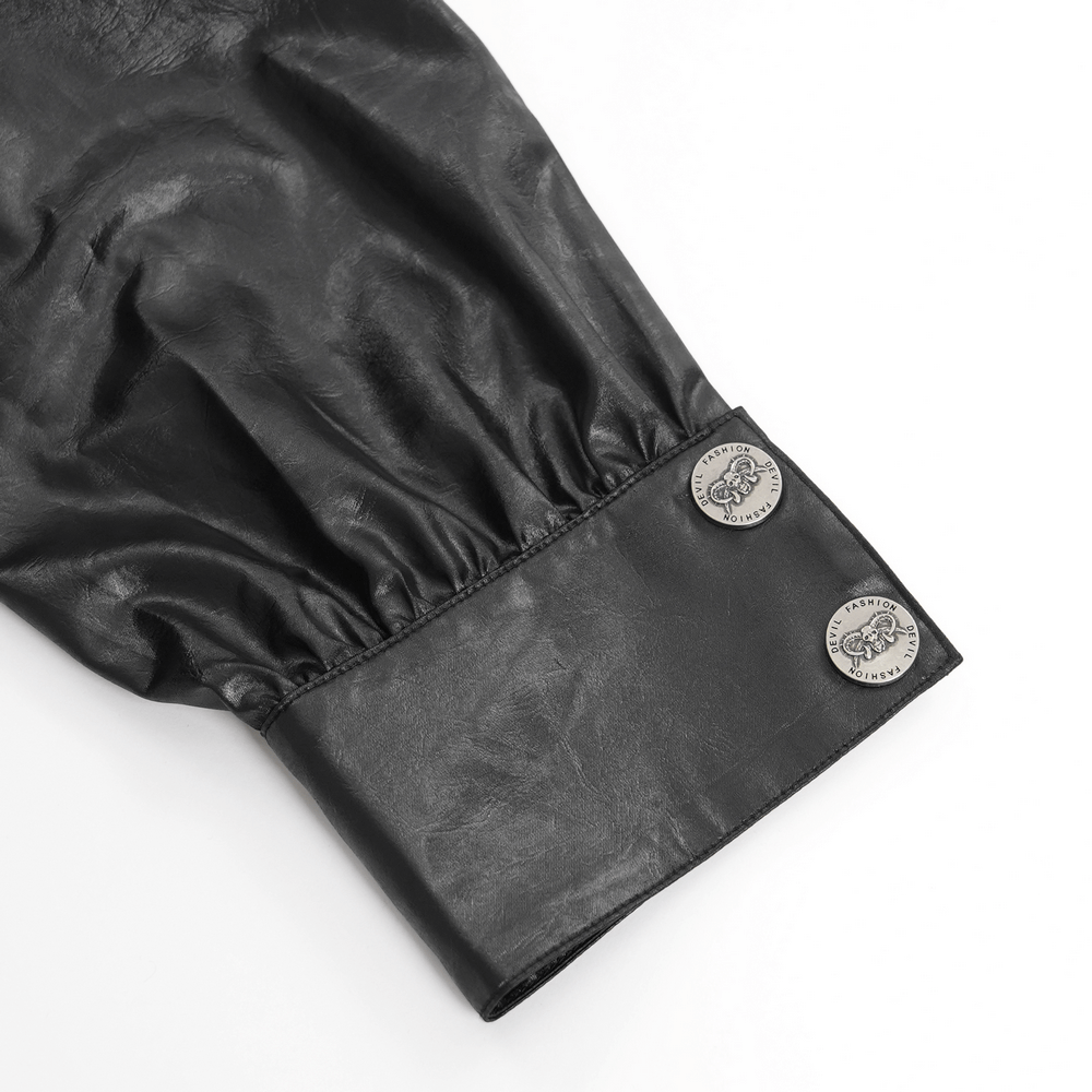 Close-up of the cuff of a men's gothic faux leather shirt with button detail and elastic hem.