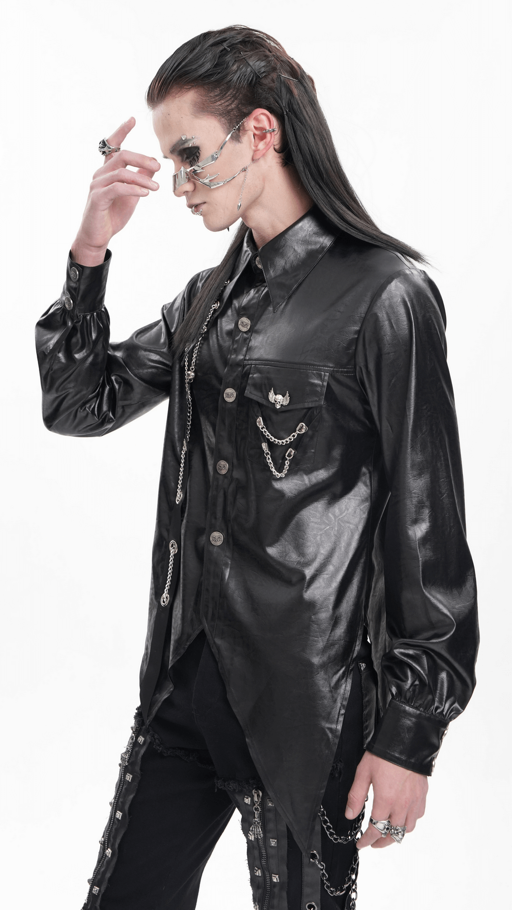 Men's gothic faux leather shirt with chain detail, long-sleeved, asymmetric hem, perfect for punk and alternative fashion.