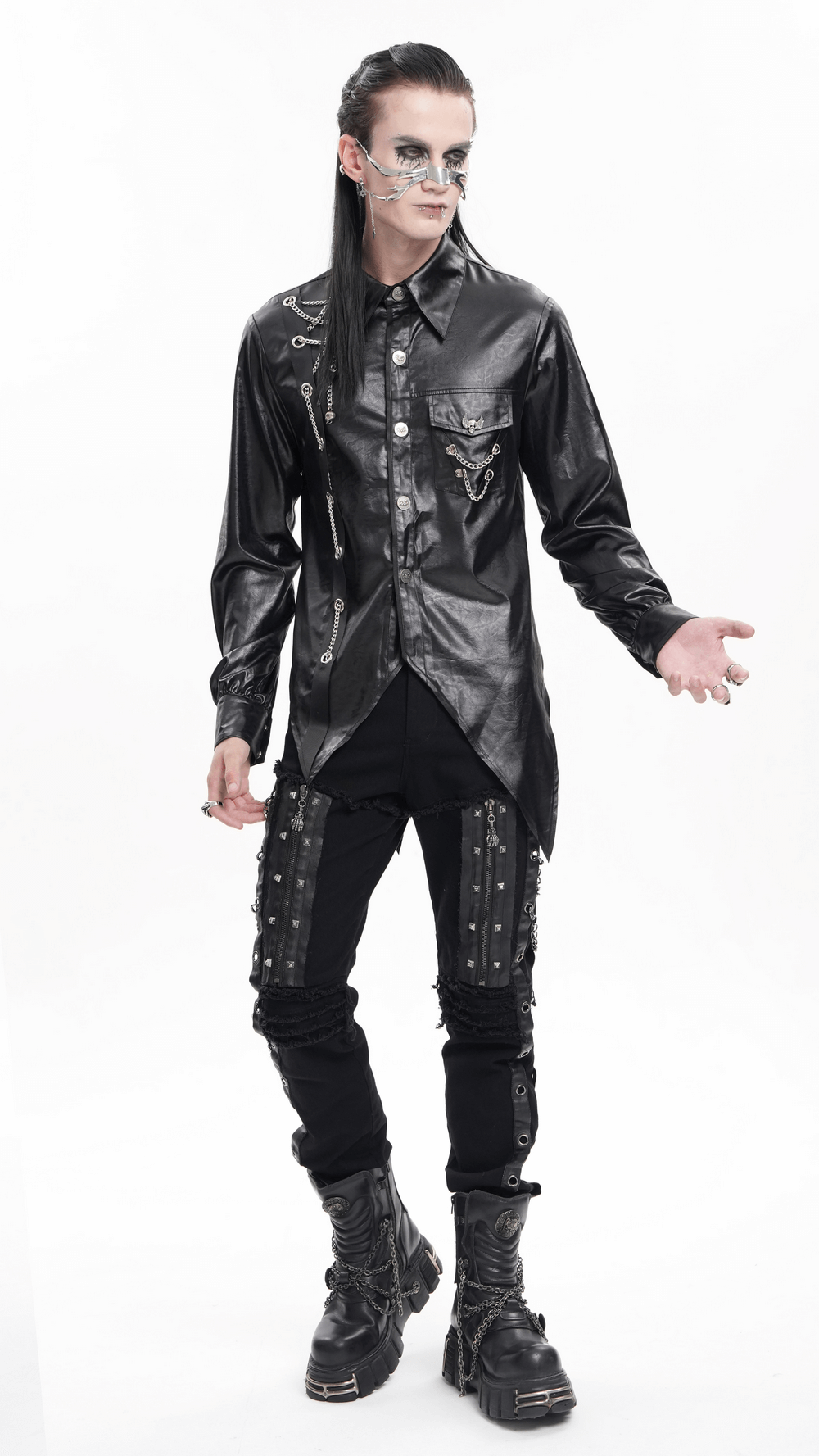 Men's gothic faux leather shirt with chain details, paired with stylish black pants and boots for a bold alternative look.