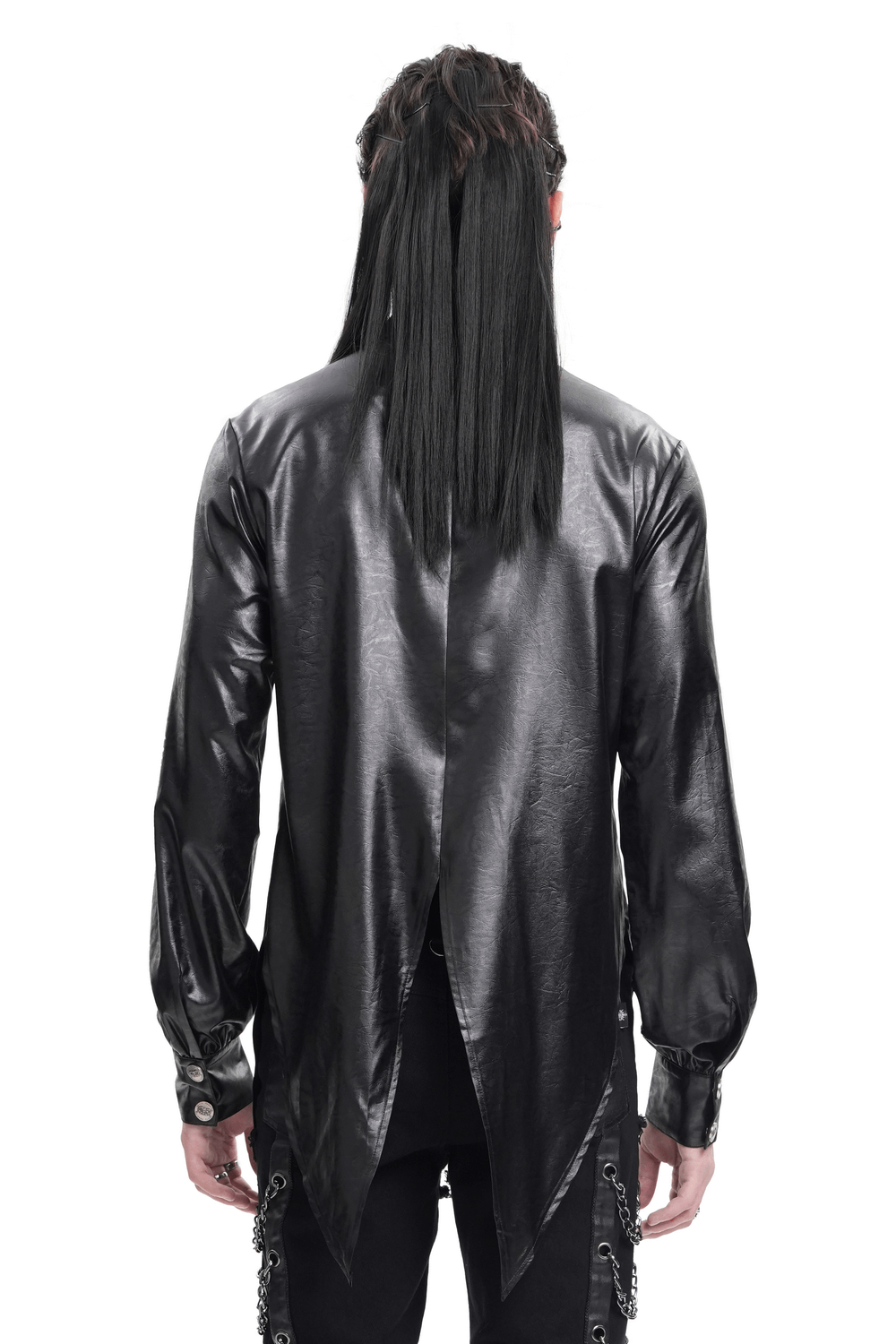 Back view of a men's gothic faux leather shirt with asymmetric hem and long sleeves.