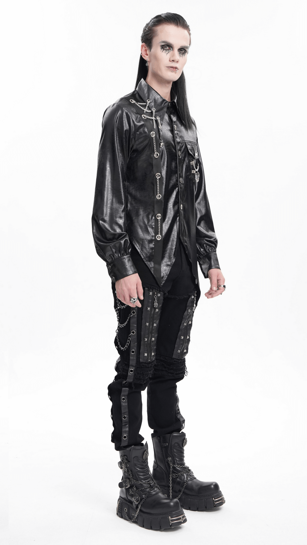 Men's gothic faux leather shirt with chain detail, styled for punk fashion with impressive boots and edgy trousers.