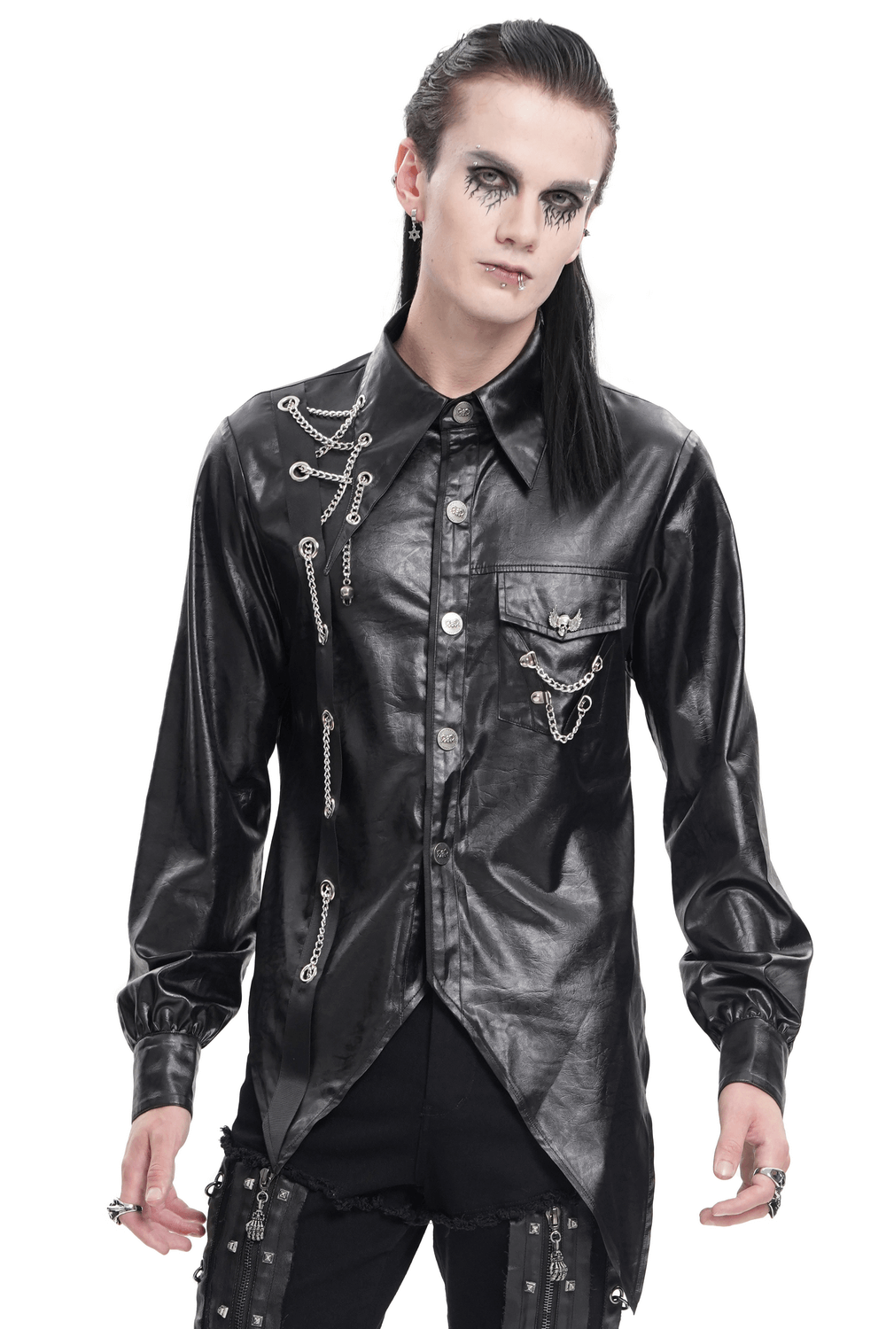 Men's gothic faux leather shirt with chain detail and asymmetric hem, perfect for punk and alternative fashion.