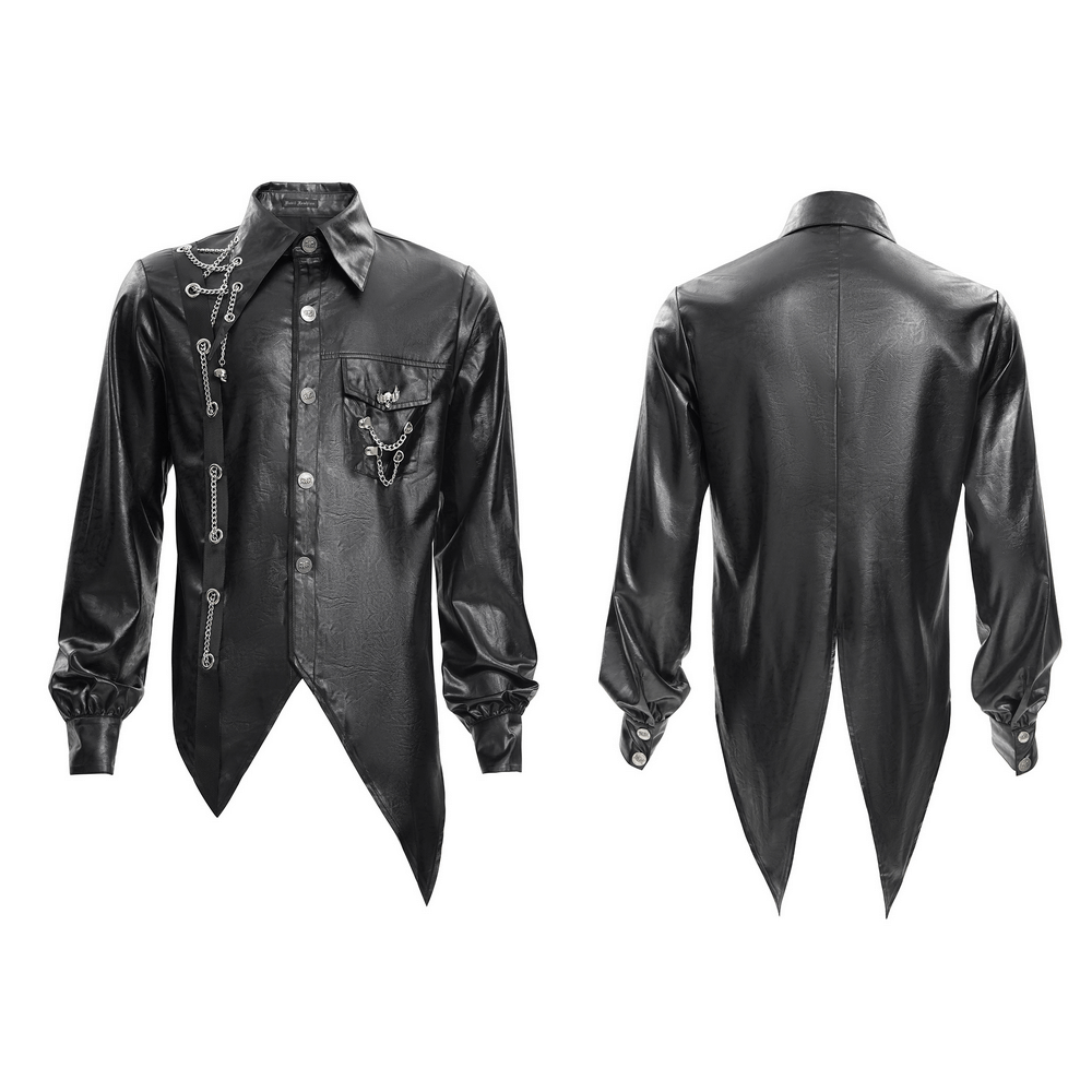 Men's gothic faux leather shirt with chain detail and asymmetric hem, perfect for punk and alternative fashion.