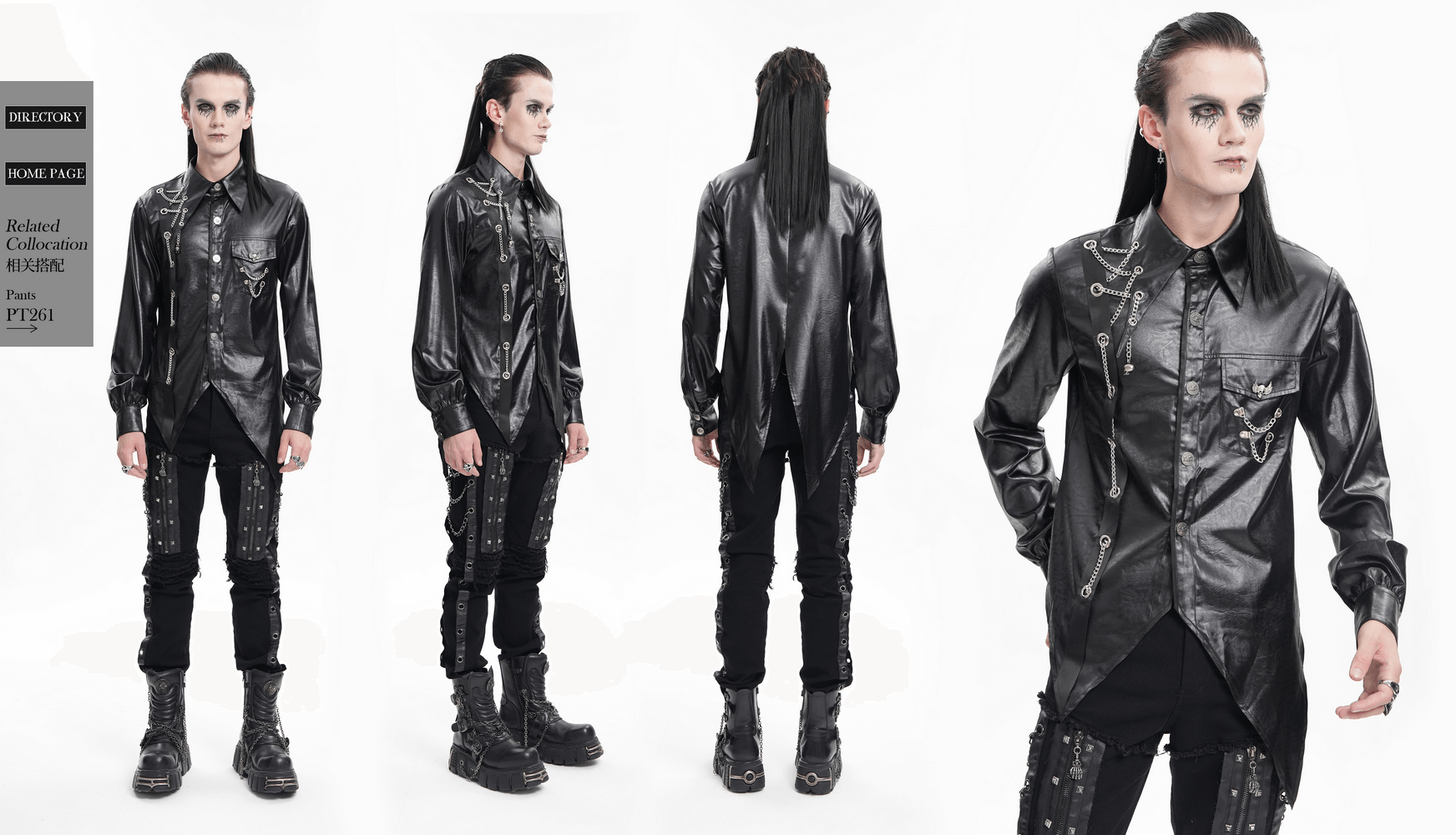 Men's gothic faux leather shirt with chain detail, long sleeves, asymmetric hem, perfect for punk fashion.