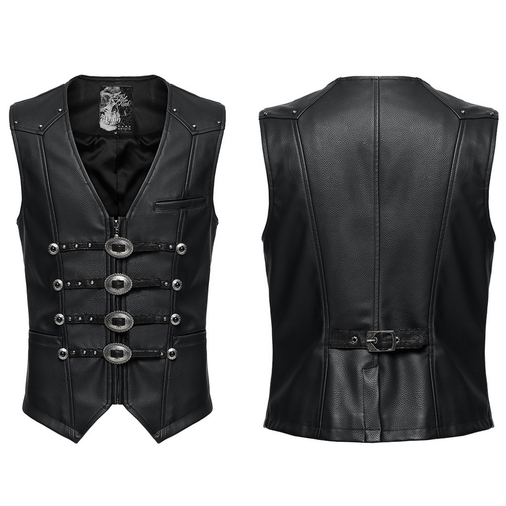 Men's Gothic faux leather vest with metal buckles, showcasing a stylish punk and retro design.