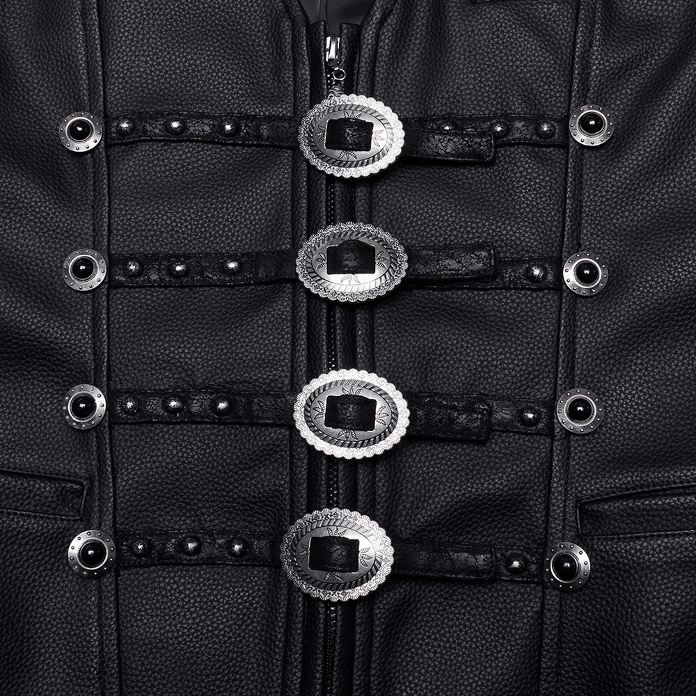 Close-up of metal buckles on a Gothic faux leather vest, showcasing intricate details and retro design.