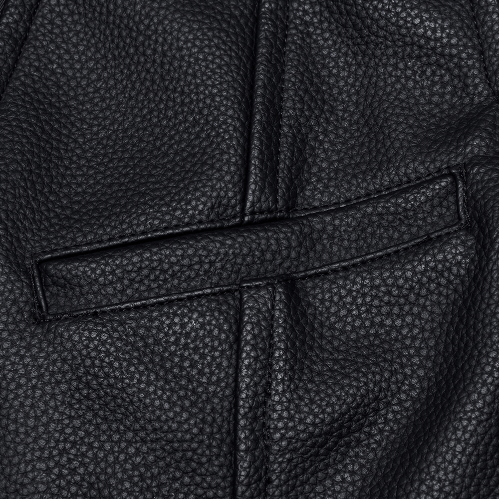 Close-up view of black faux leather texture showcasing detailed stitching on a men's Gothic vest.