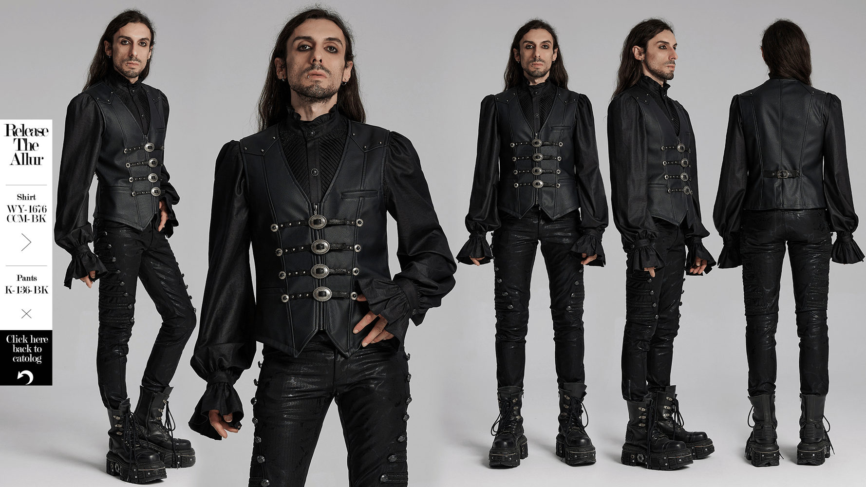 Men's Gothic faux leather vest with metal buckles, showcasing punk retro style and intricate detailing.