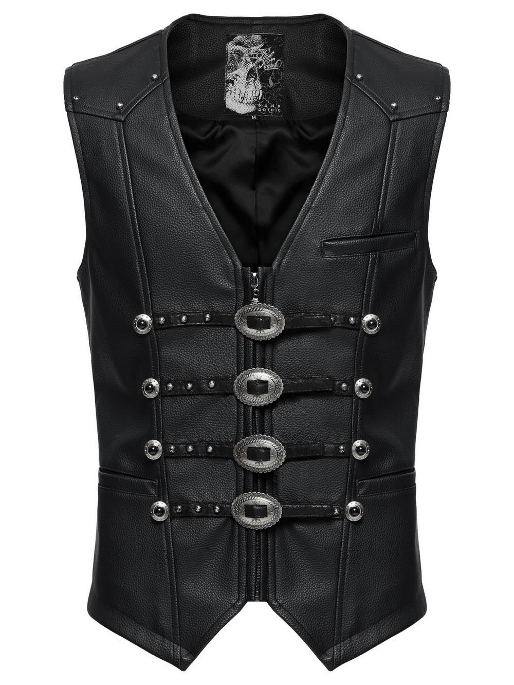 Men's Gothic faux leather vest with metal buckles and a sharp retro style, perfect for punk fashion enthusiasts.