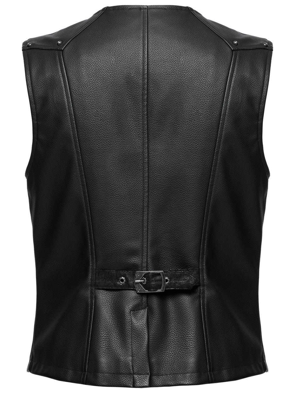 Back view of a men's gothic faux leather vest with metal buckles, showcasing a sleek and textured design.