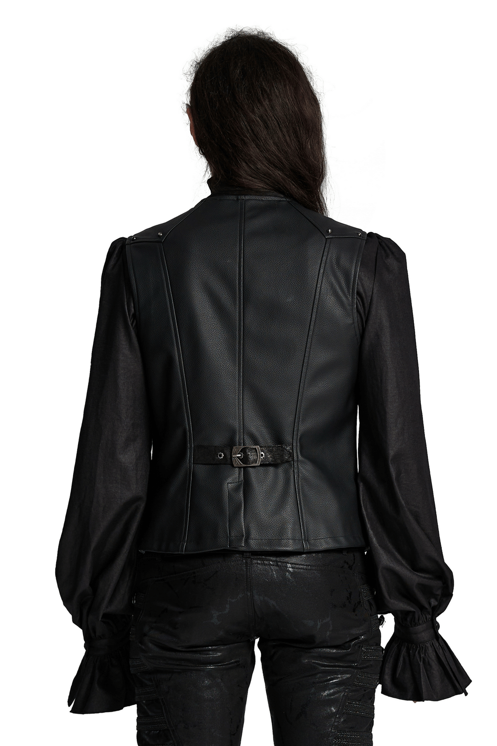 Back view of men's Gothic faux leather vest showcasing stylish metal buckles and fashionable puff sleeves.