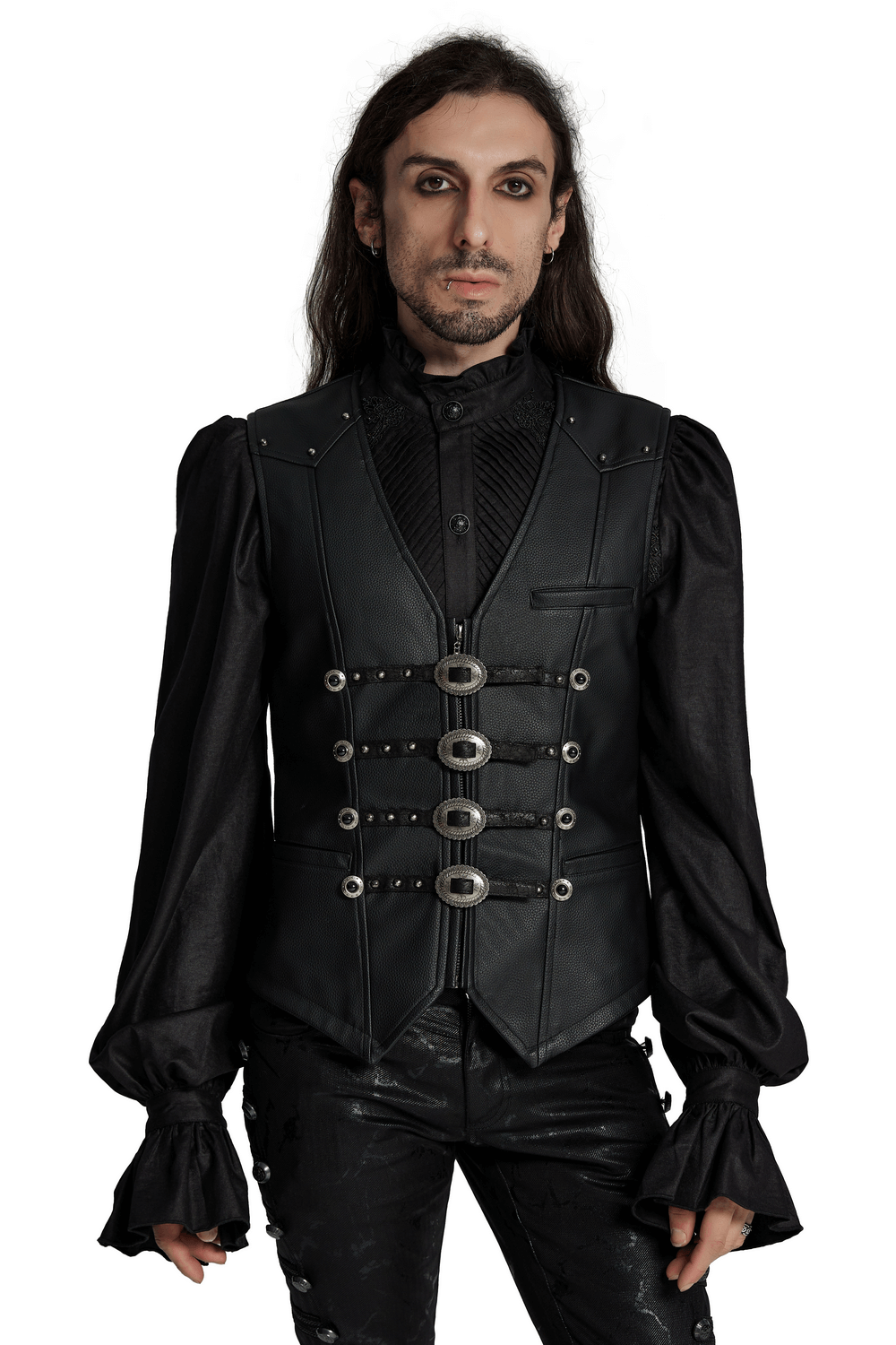 Men's Gothic faux leather vest with metal buckles, featuring intricate detailing and a sharp retro style.