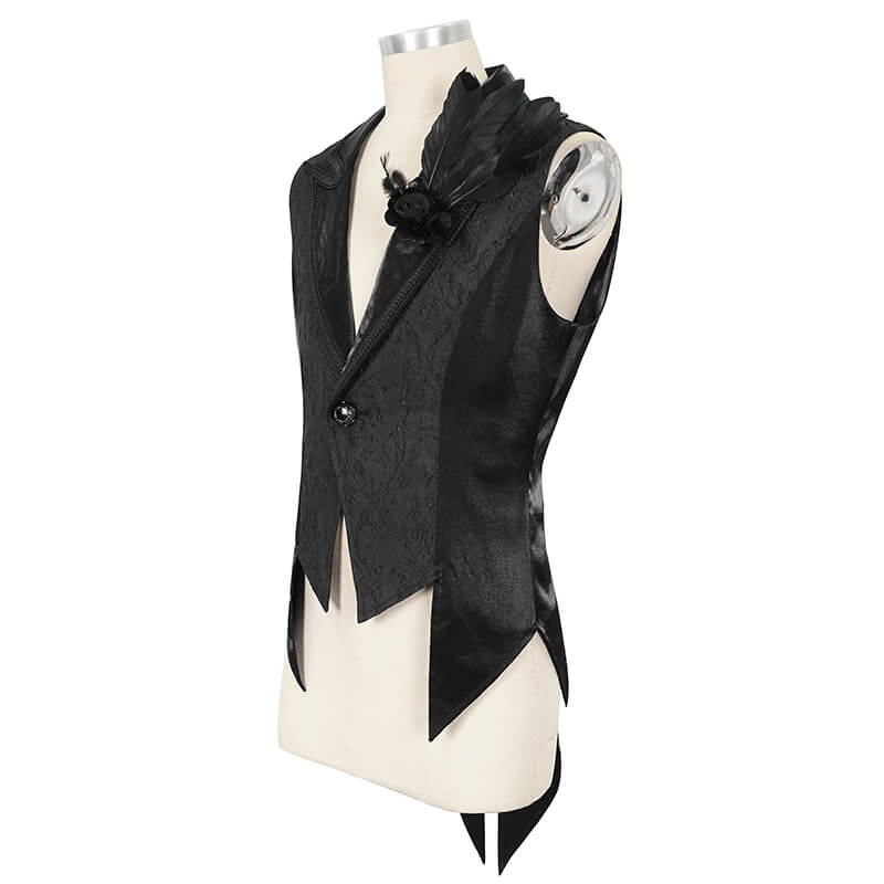 Men's gothic feather swallow-tailed waistcoat in black with lapel collar, showcasing retro charm and modern style.