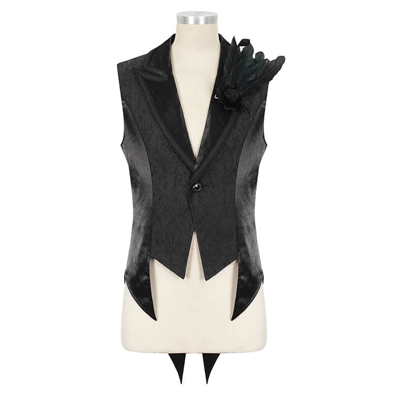 Men's Gothic feather swallow-tailed waistcoat in black with lapel collar and dramatic feather detail.