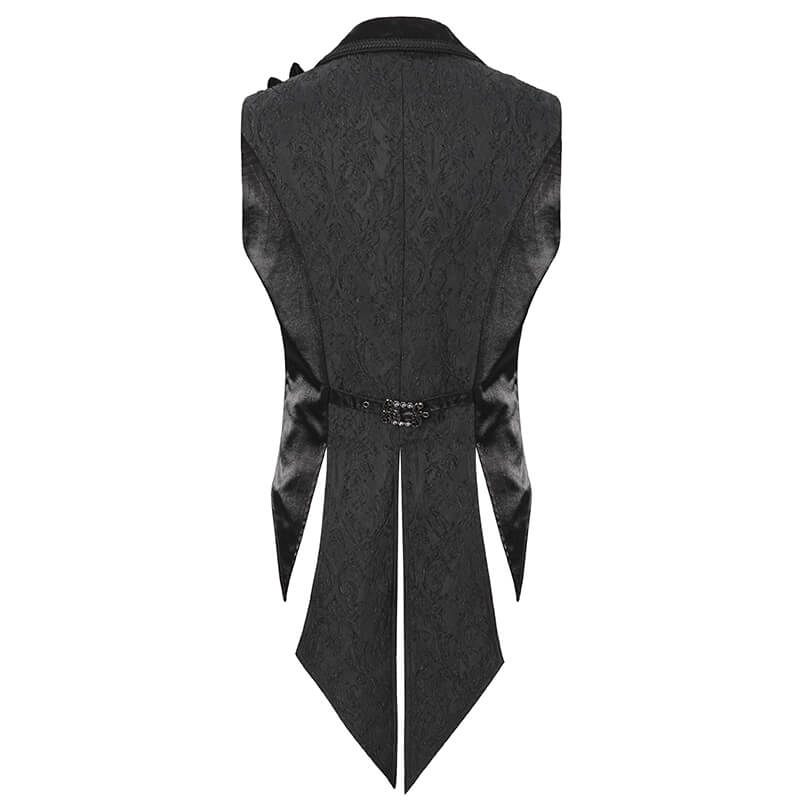 Back view of a black men's gothic feather swallow-tailed waistcoat with a stylish lapel collar.