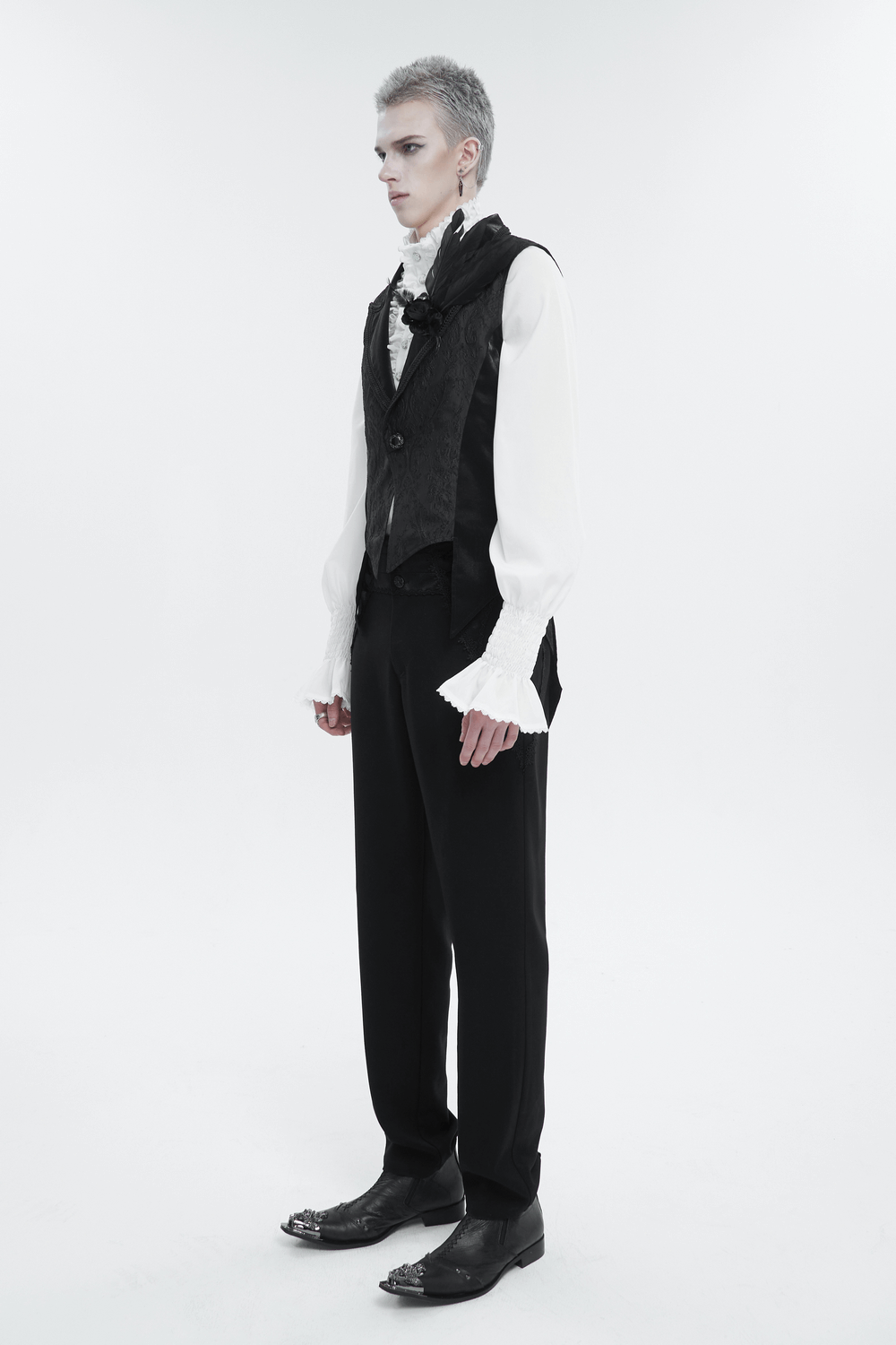 Men's gothic feather swallow-tailed waistcoat styled with a dramatic swallowtail and classic lapel collar.