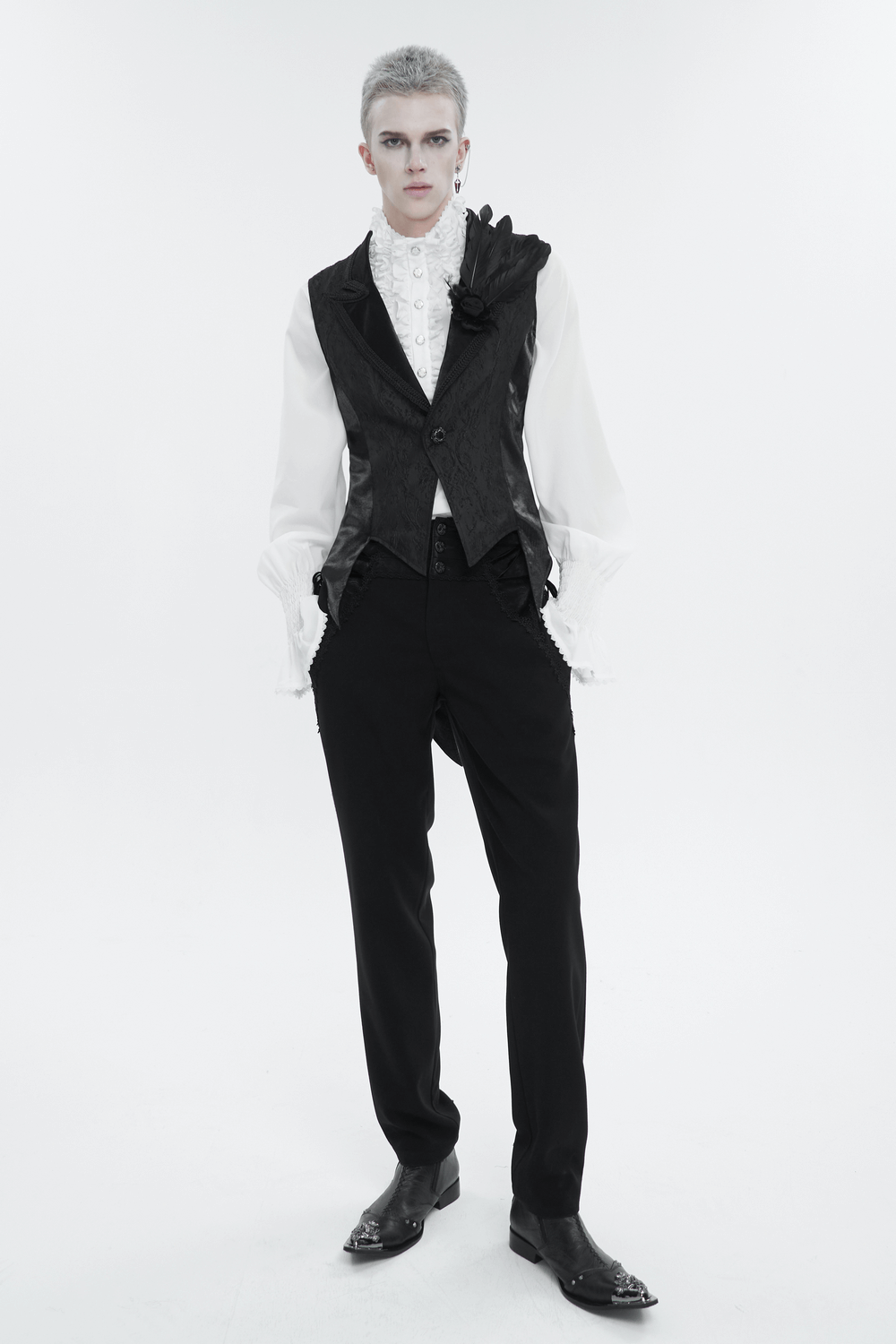 Men's gothic feather swallow-tailed waistcoat paired with formal pants, exuding retro charm and sophistication.