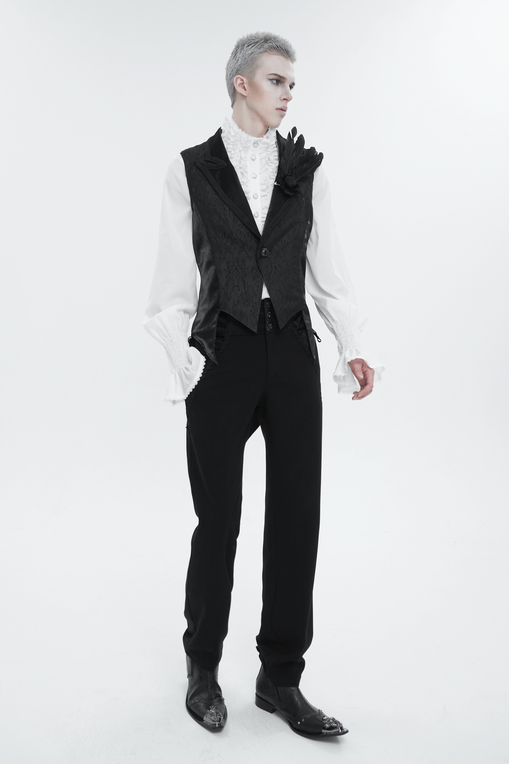 Men's gothic feather waistcoat with swallowtail and lapel collar in a stylish black and white ensemble.