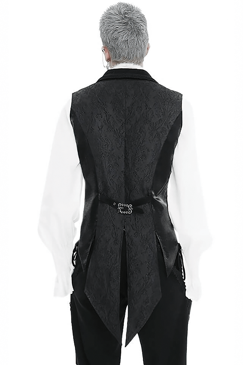 Back view of a men's gothic swallow-tailed waistcoat in black with a stylish lapel collar and feather design.