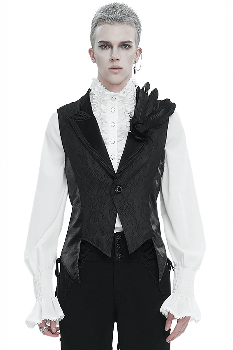 Men's gothic feather swallow-tailed waistcoat in black with lapel collar, exuding retro elegance and stylish sophistication.