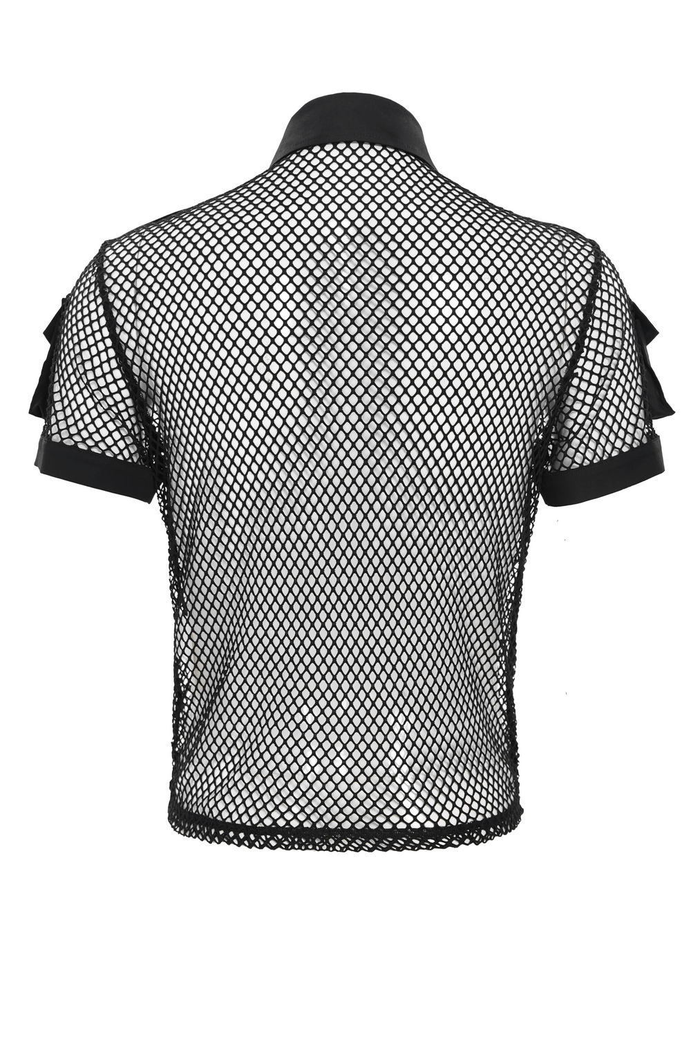 Men's Gothic Fishnet Shirt with Studded Buckles - back view showcasing unique fishnet design and stylish ruffled sleeves.