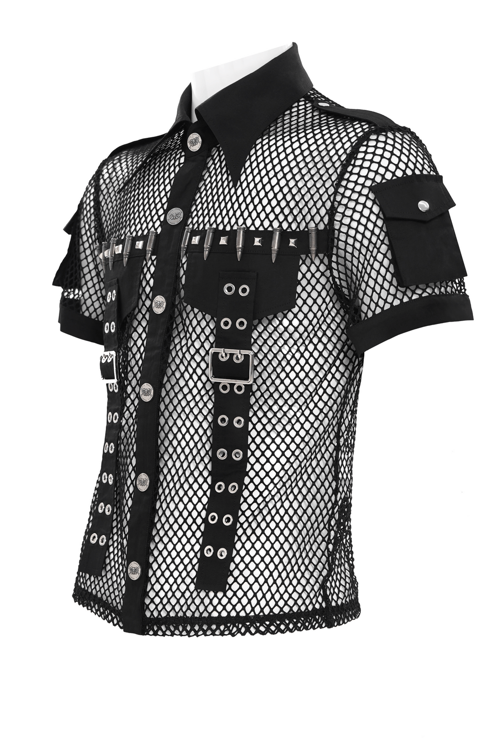 Men's Gothic Fishnet Shirt with Studded Buckles featuring stylish design and edgy elements.