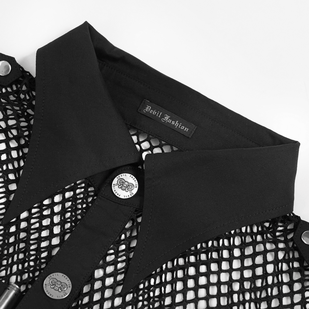 Men's Gothic Fishnet Shirt with Studded Buckles collar detail showcasing unique fishnet design and punk style buttons.