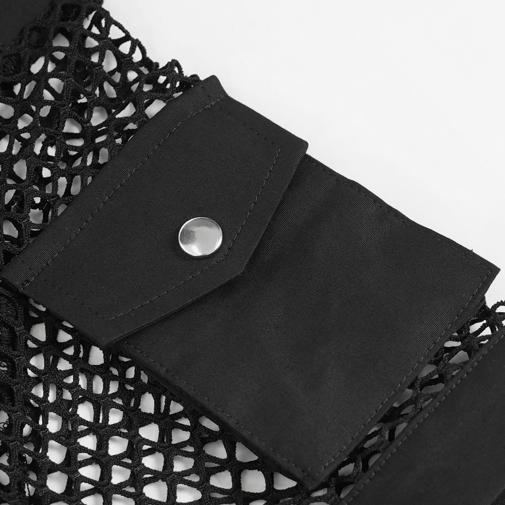 Close-up of the detail on a Men's Gothic Fishnet Shirt with Studded Buckles featuring intricate mesh and stylish buckles.