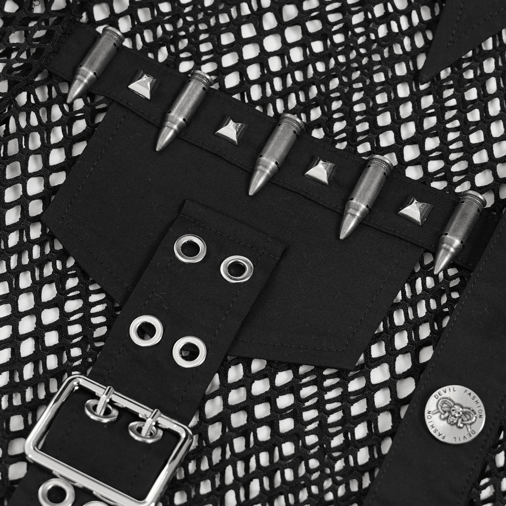 Close-up of Men's Gothic Fishnet Shirt with Studded Buckles showcasing unique studs and buckle details.