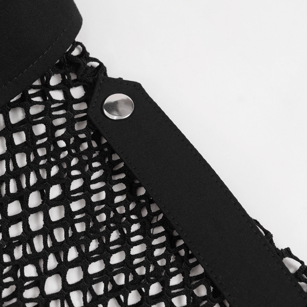 Men's Gothic Fishnet Shirt with Studded Buckles close-up showing intricate fishnet design and studded buckle details.