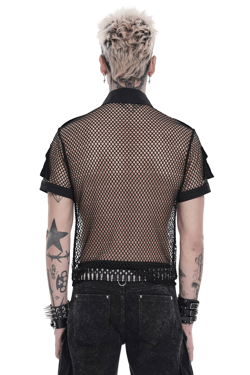 Men's Gothic Fishnet Shirt with Studded Buckles viewed from the back, showcasing the unique design and edgy aesthetic.