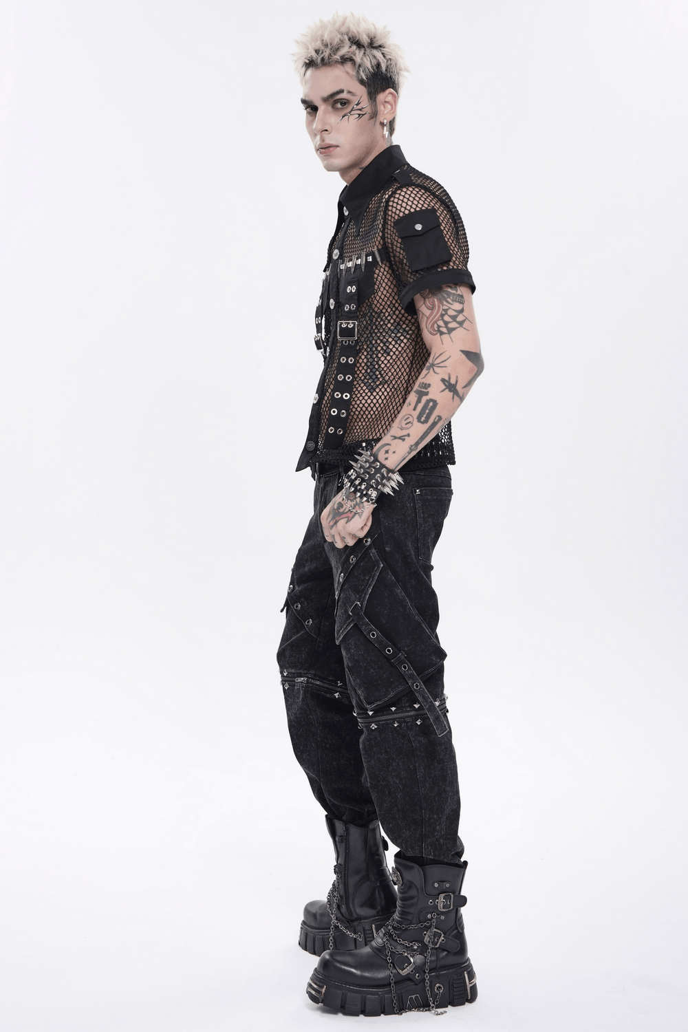 Men's Gothic Fishnet Shirt with Studded Buckles worn by a model showcasing punk style.