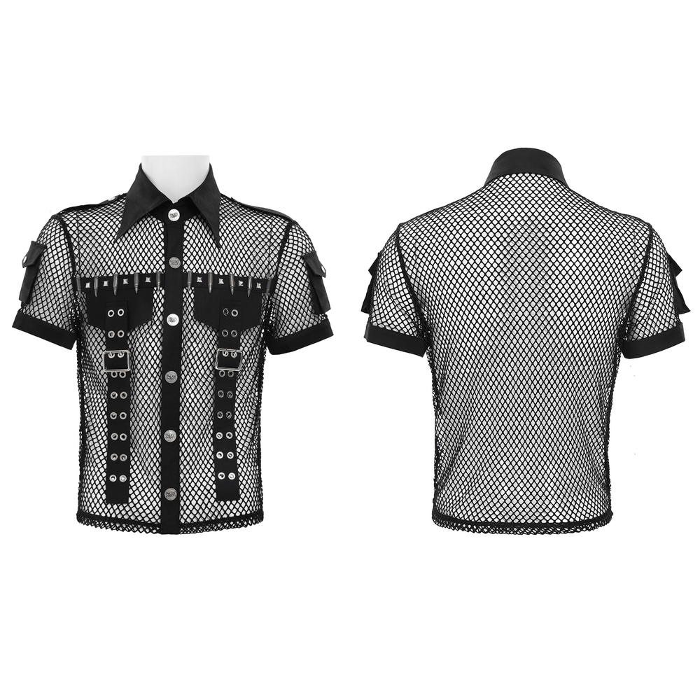 Men's Gothic Fishnet Shirt with Studded Buckles showcased from front and back views.
