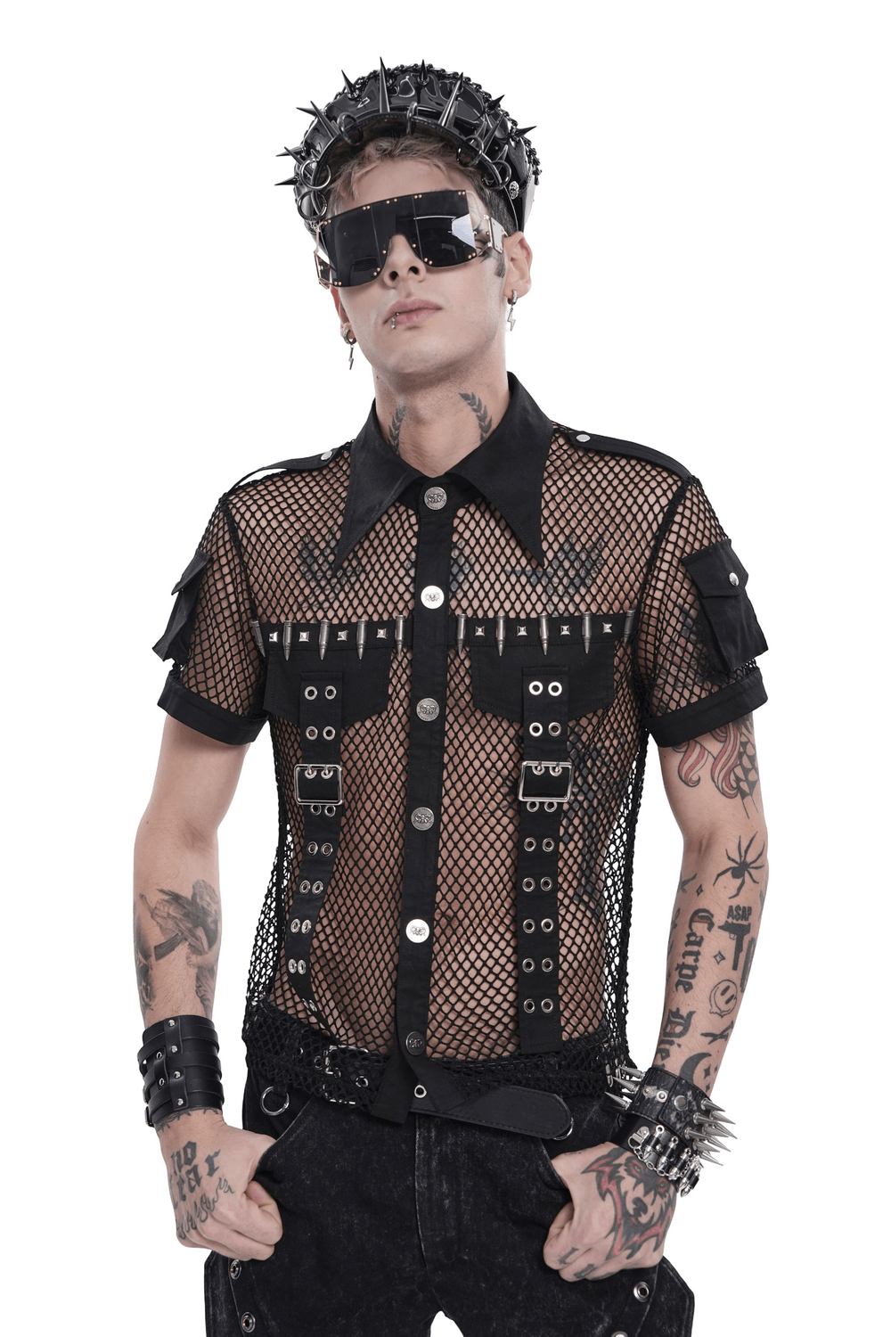 Men's Gothic Fishnet Shirt with Studded Buckles worn by a model, showcasing punk style and unique design features.