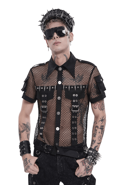 Men's Gothic Fishnet Shirt with Studded Buckles