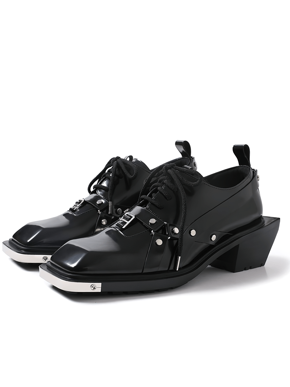 Men's Gothic Harness Square Toe Derby Shoes with Heels black punk lace-up shoes with silver hardware and block heels