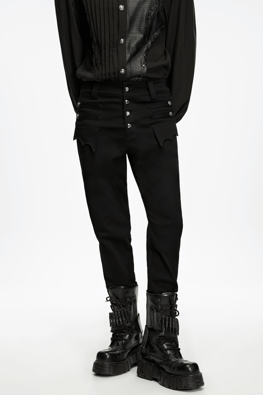 Men's Gothic High Waist Trousers with Snap Buttons black punk uniform trousers with angular flap pockets and slim straight legs