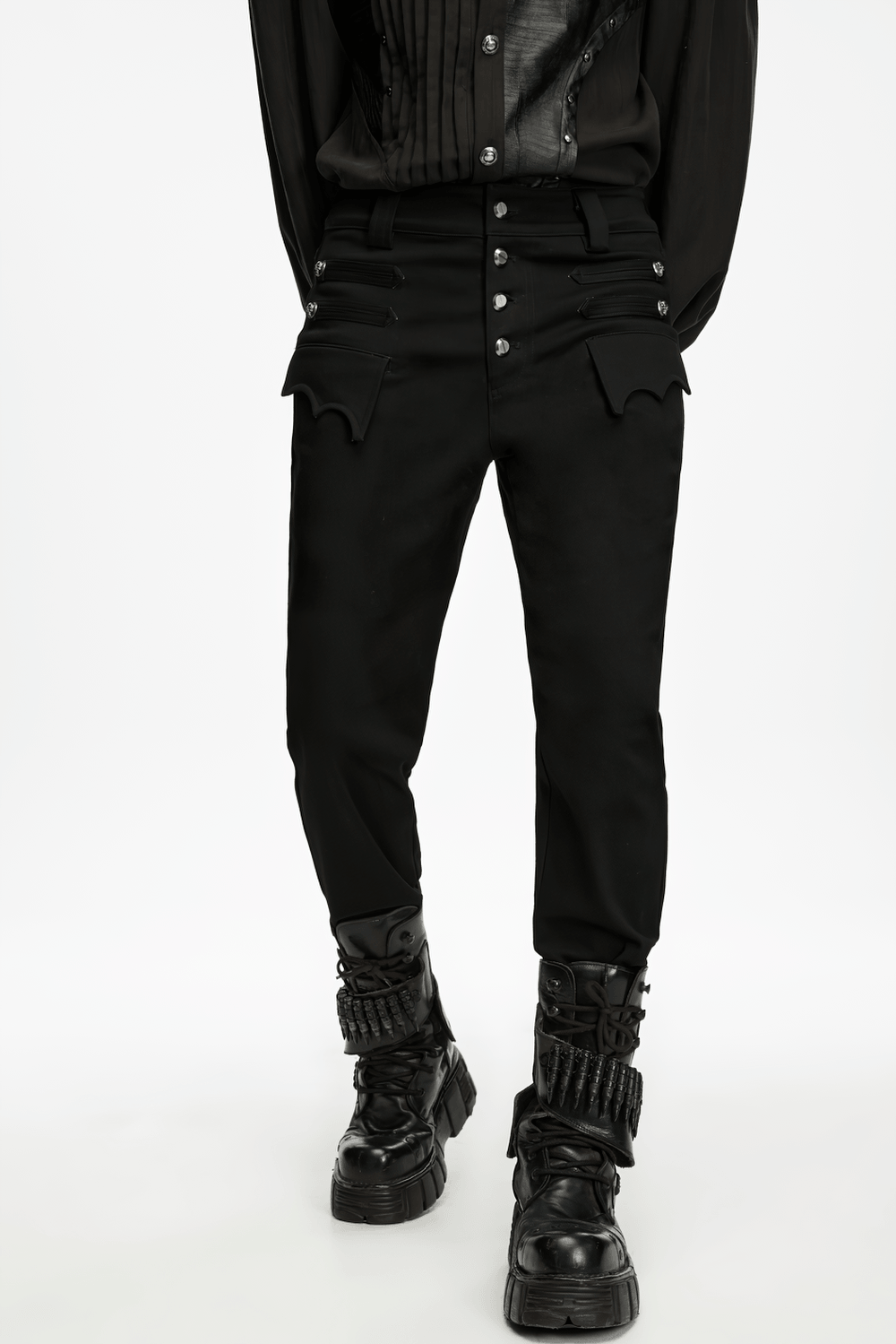 Men's Gothic High Waist Trousers with Snap Buttons, black dual-pocket stretch denim with punk uniform detail