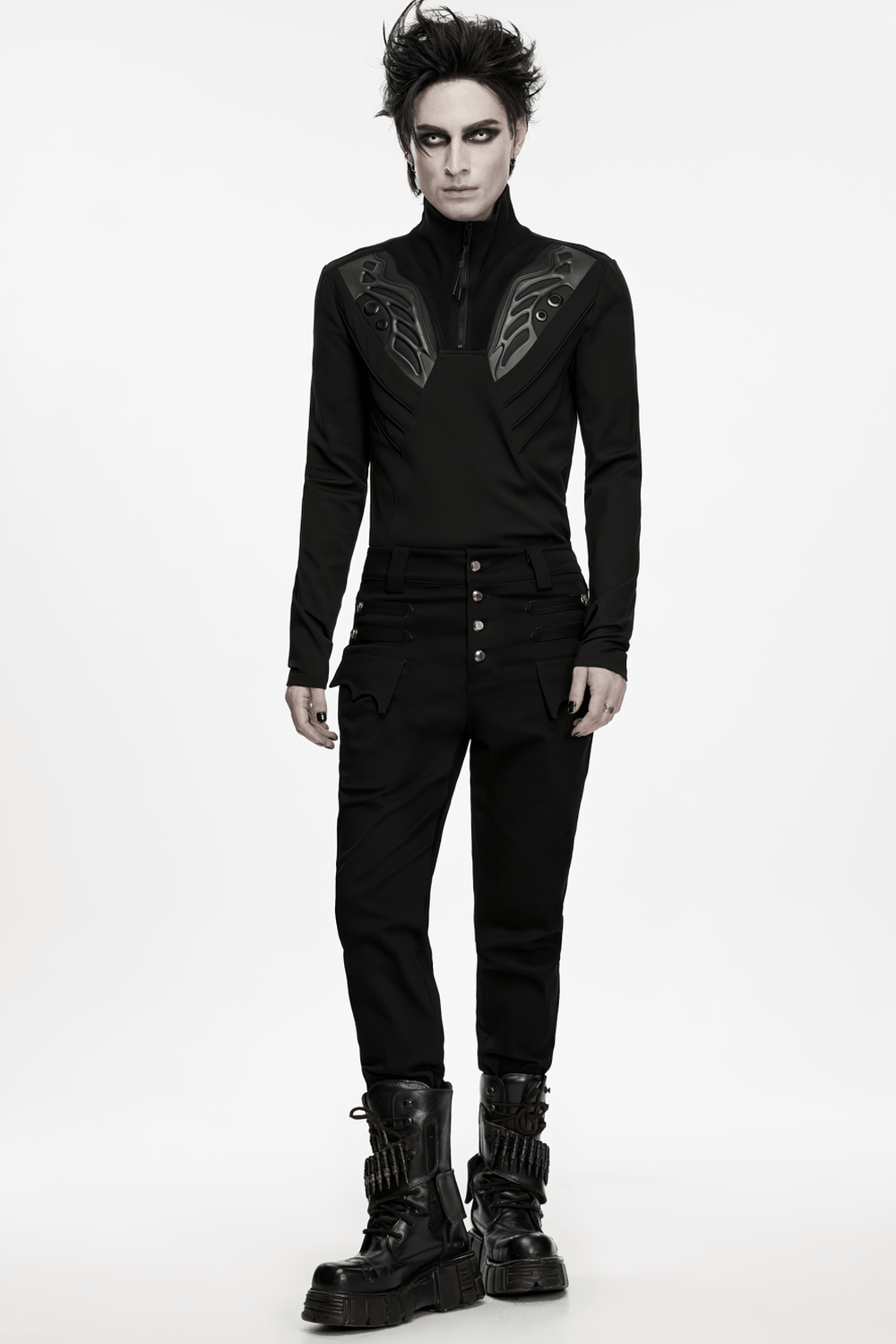 Men's Gothic High Waist Trousers with Snap Buttons, black stretch denim, slim straight leg, punk uniform style