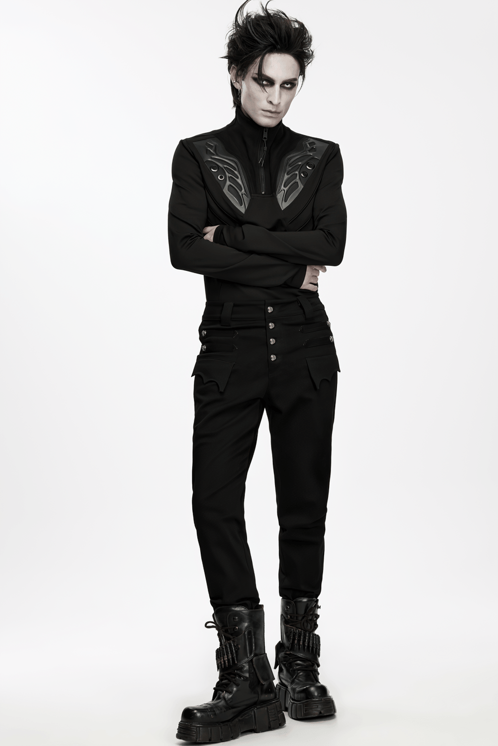 Men's Gothic High Waist Trousers with Snap Buttons black punk uniform trousers with dual pockets and slim straight legs