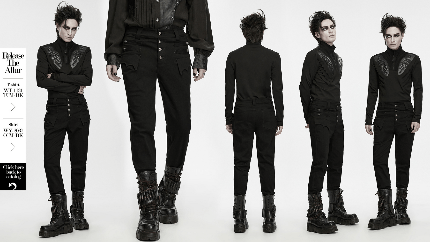 Men's Gothic High Waist Trousers with Snap Buttons black dual-pocket uniform style, slim fit gothic trousers with punk edge
