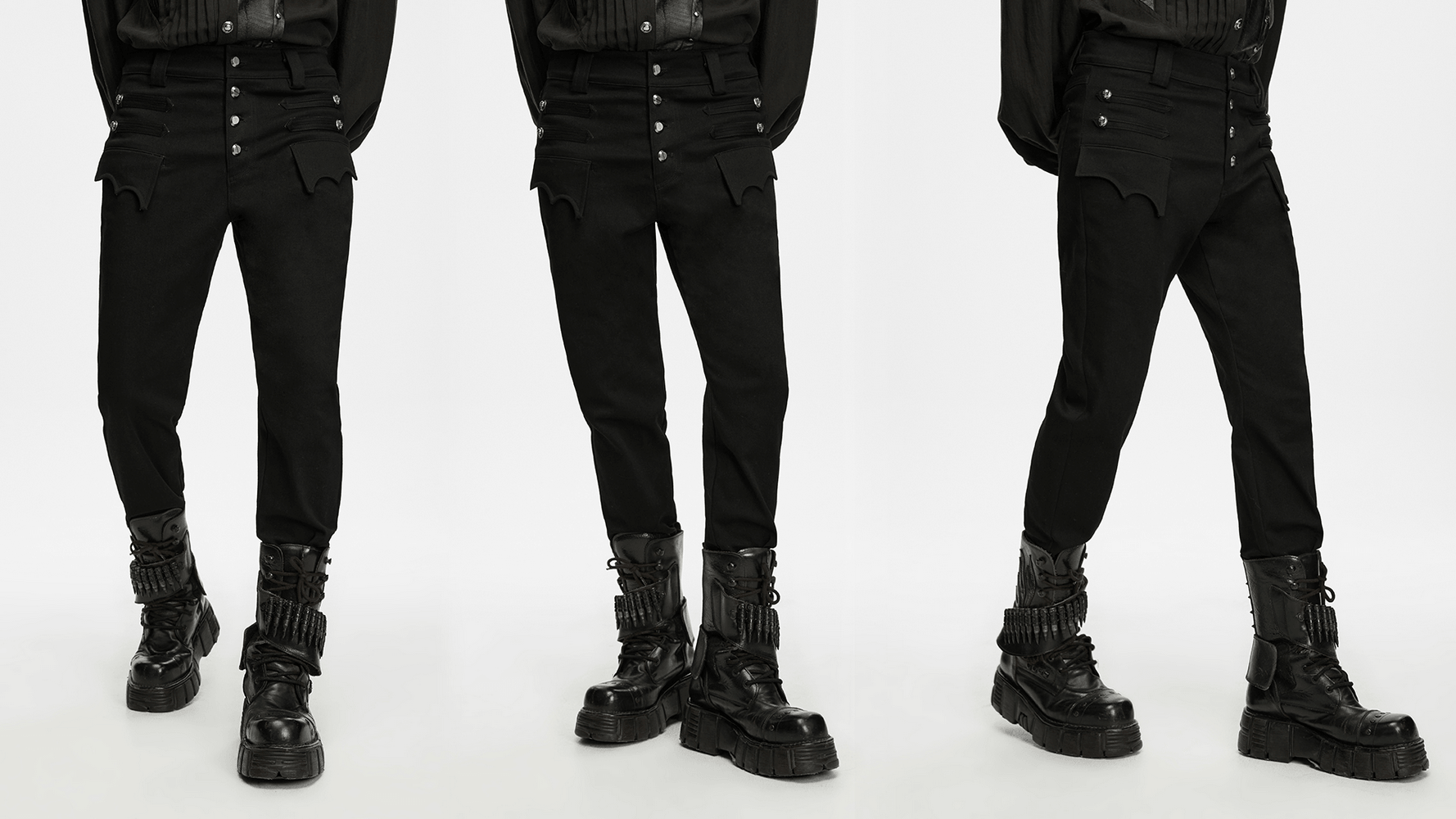Men's Gothic High Waist Trousers with Snap Buttons, black stretch denim, snap fly and punk flap pockets