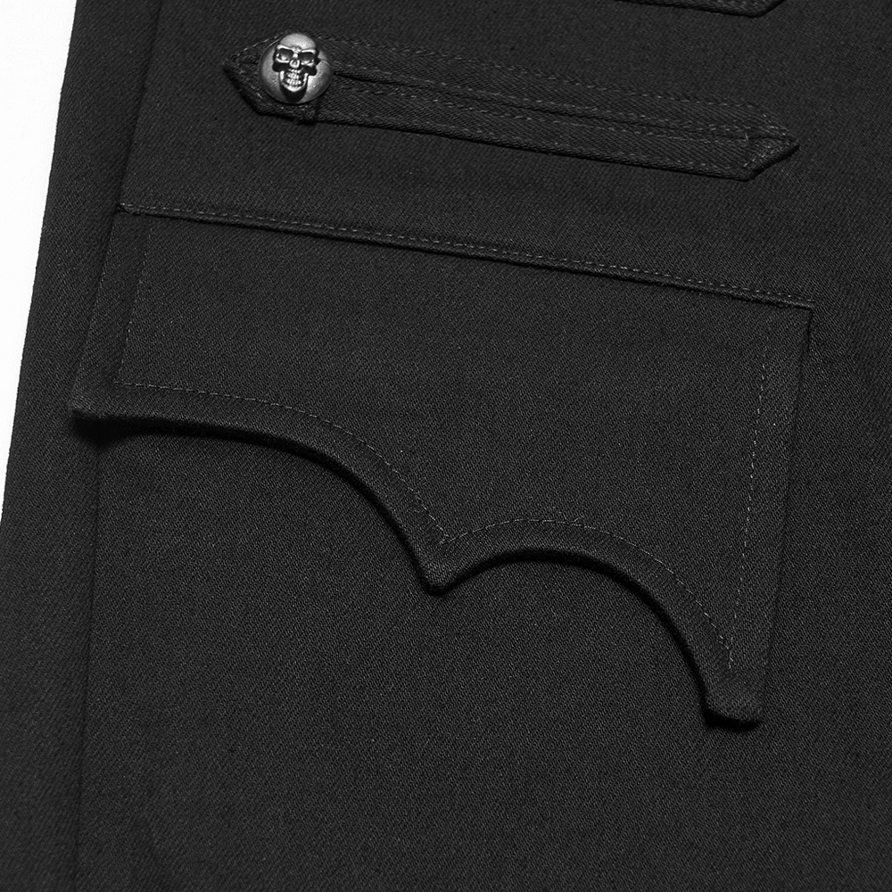 Men's Gothic High Waist Trousers with Snap Buttons black gothic trousers with skull button and dual flap pocket