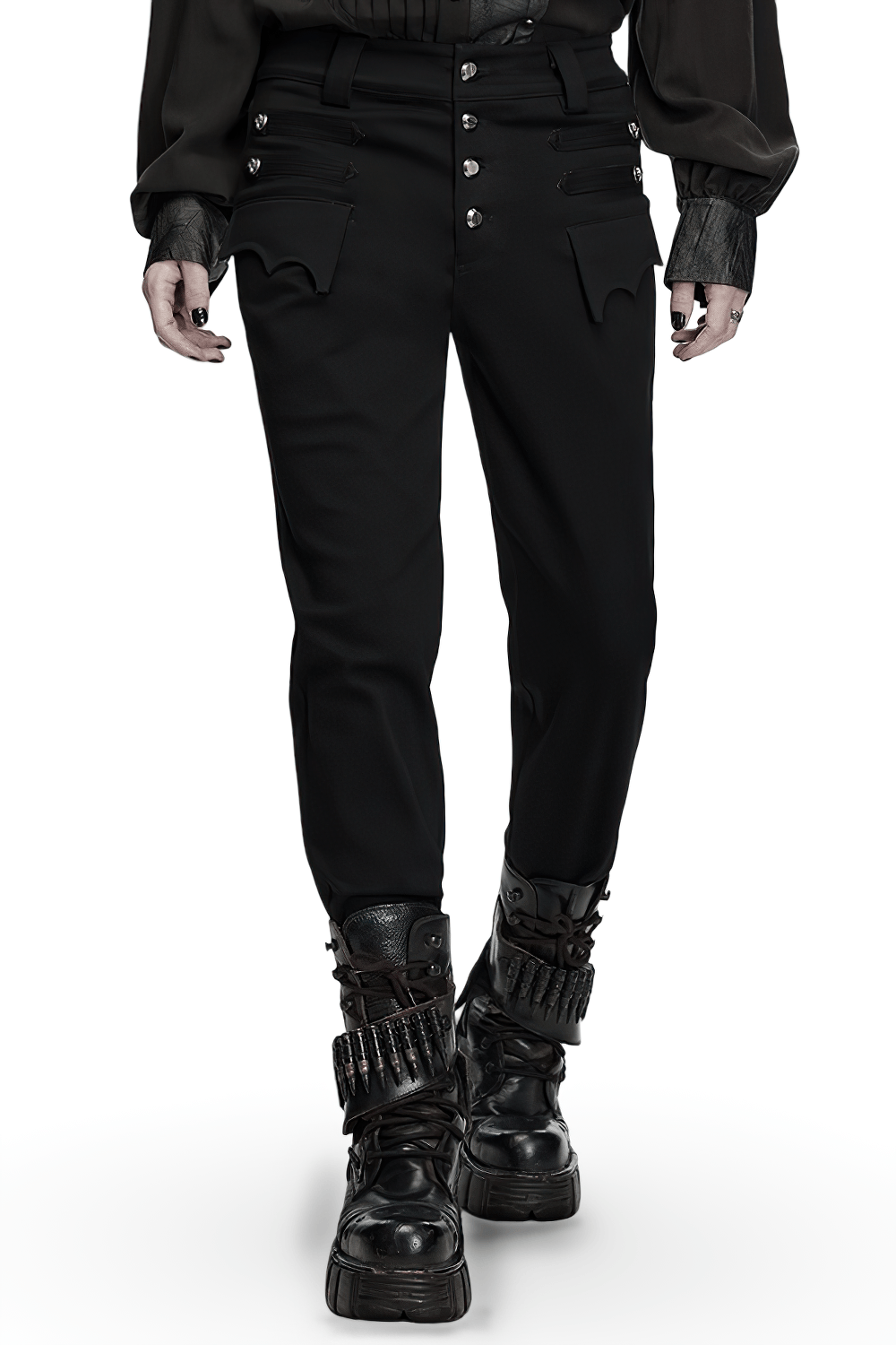 Men's Gothic High Waist Trousers with Snap Buttons, black slim straight-leg punk uniform pants