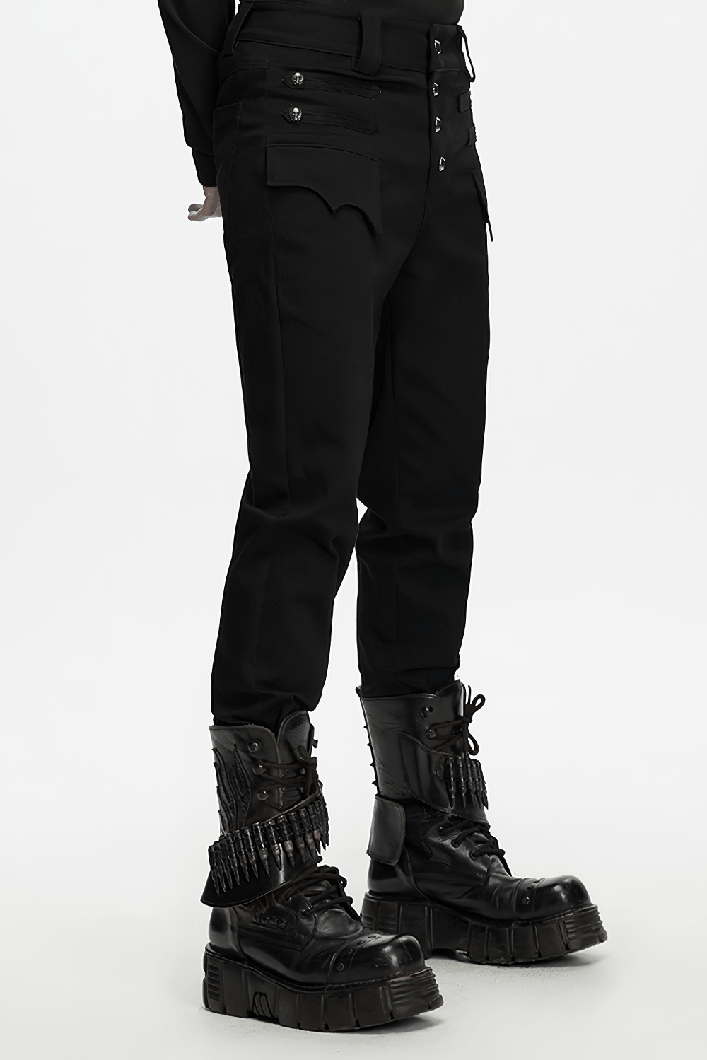 Men's Gothic High Waist Trousers with Snap Buttons, black stretch denim punk uniform pants with flap pockets