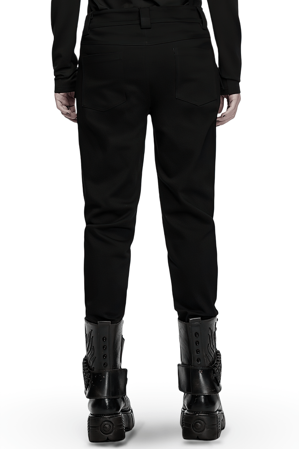 Men's Gothic High Waist Trousers with Snap Buttons, black stretch denim trousers with punk pocket detail