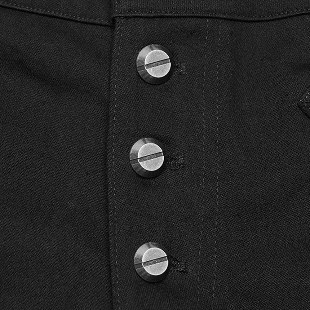 Men's Gothic High Waist Trousers with Snap Buttons black denim close-up, vintage metal fly buttons and punk uniform style